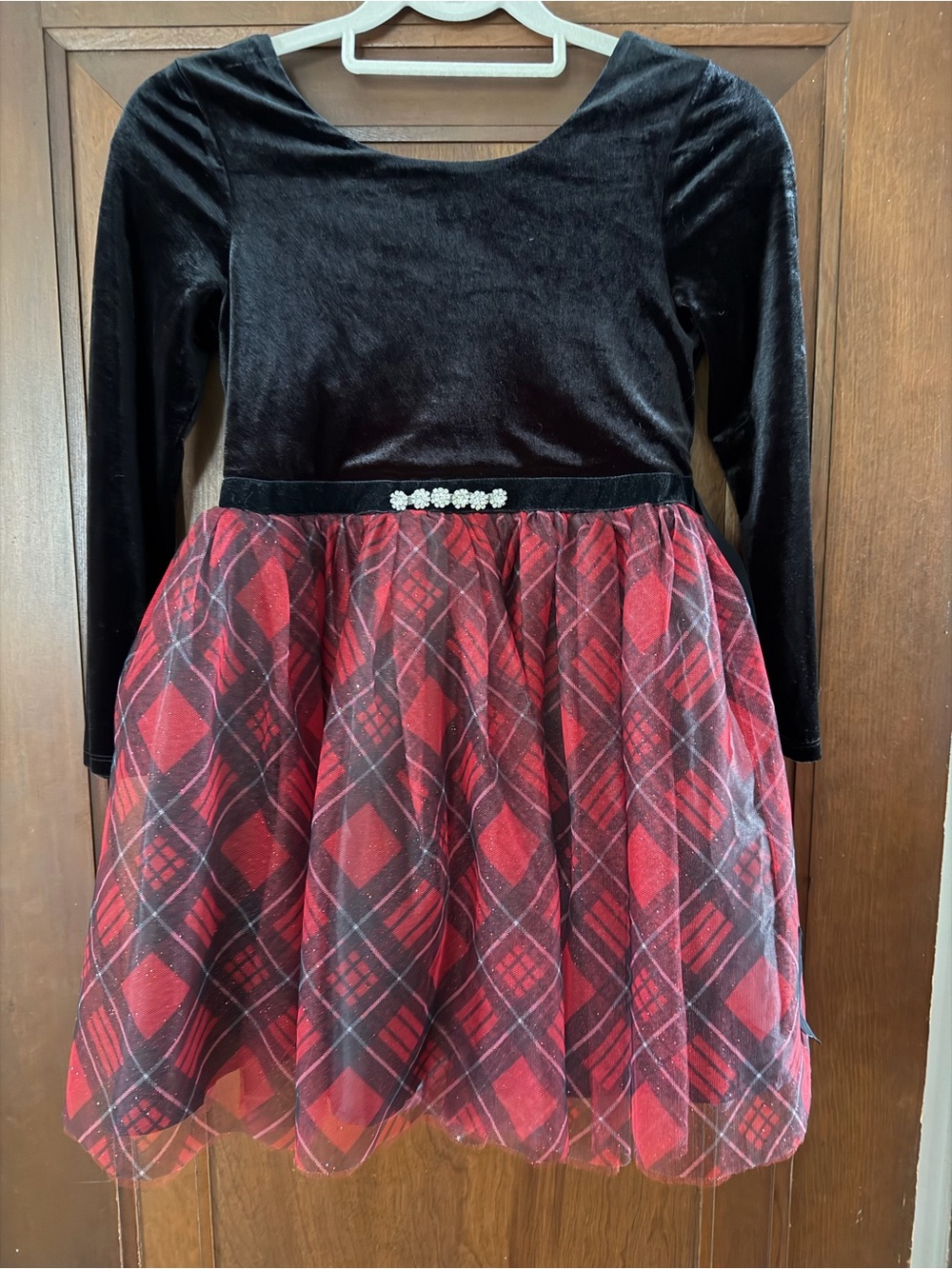Zunie Black Velvet Top with Red Plaid Skirt & Rhinestone Waist